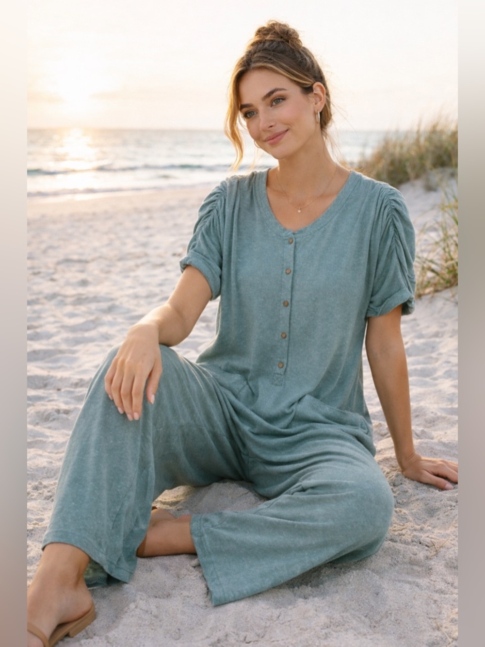 By Together Free People Beach Collection Knit Jumpsuit Seafoam Green Size Medium - Picture 2 of 16